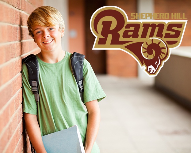 Shepherd Hill Rams logo and child at school
